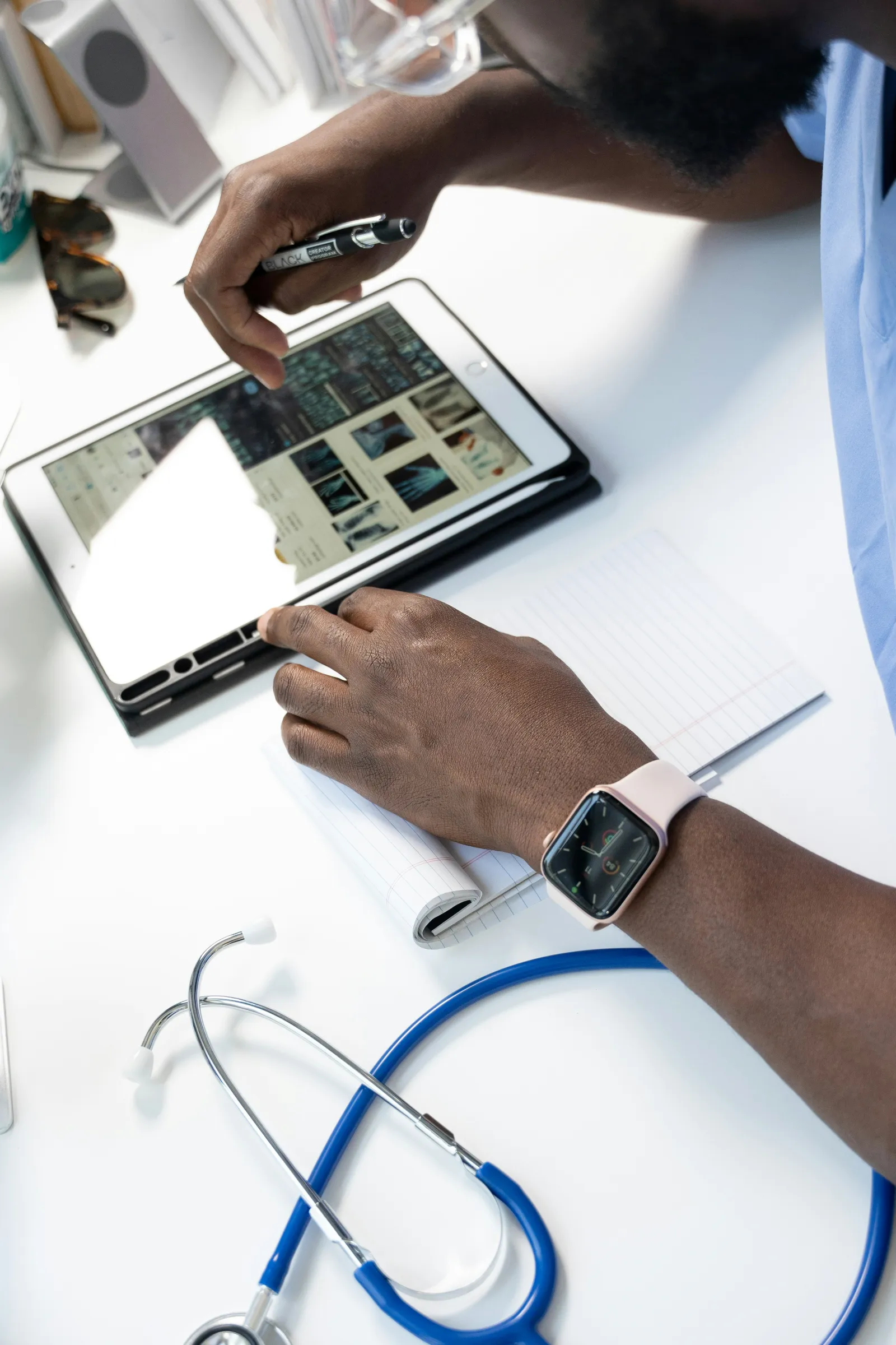 Healthcare professional reviewing a narrated medical training module