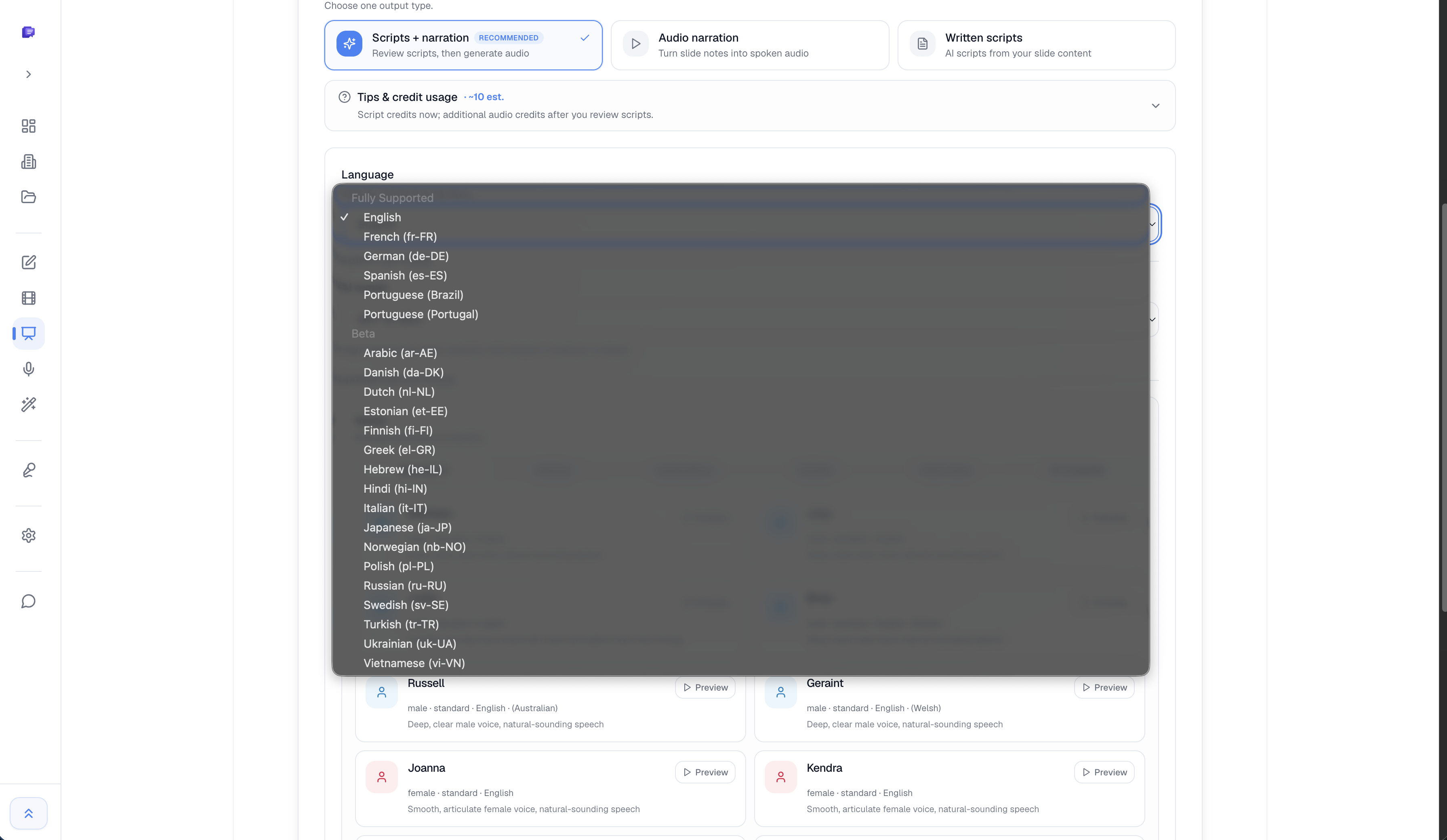 Language selector open in SlideNarrator