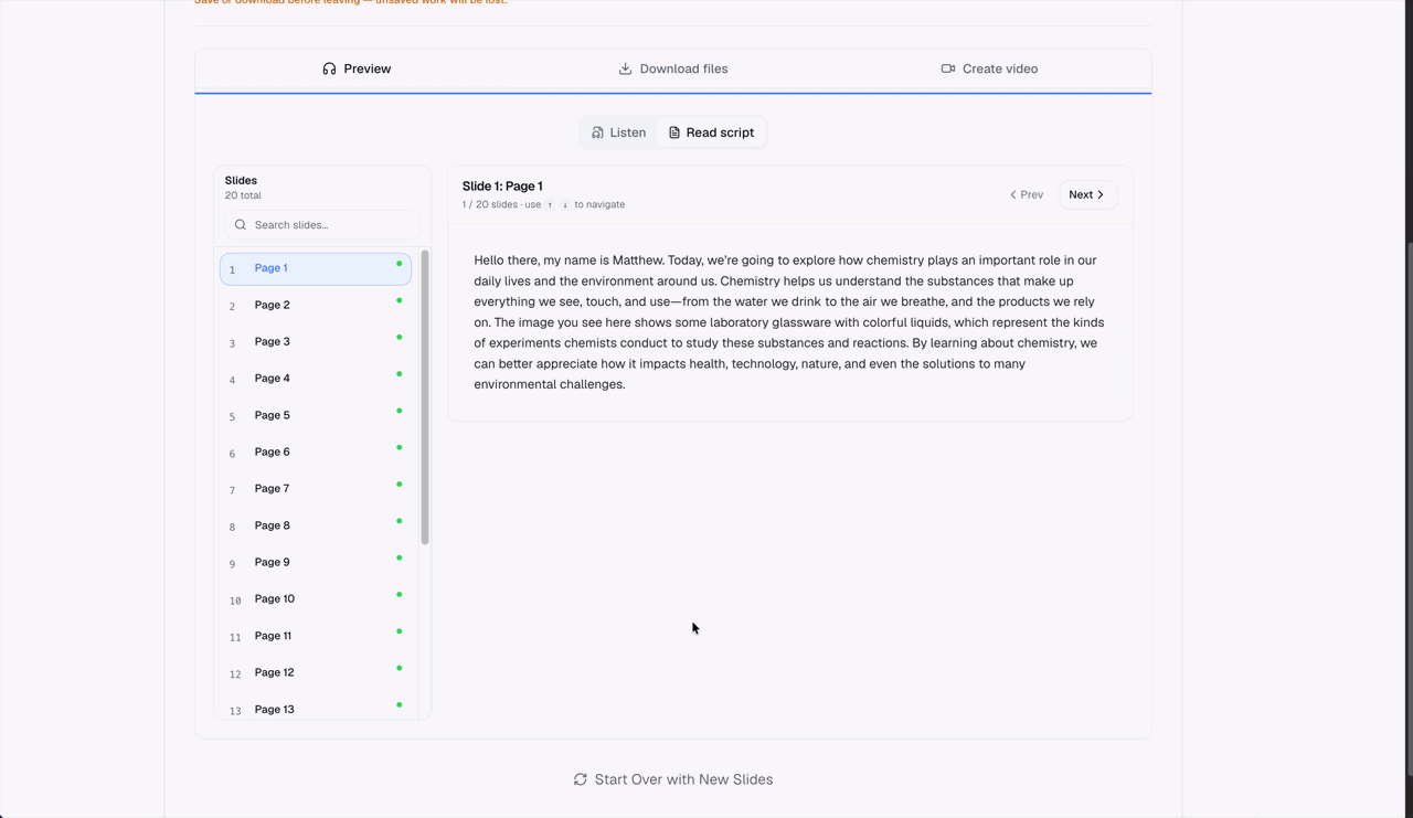 SlideNarrator per-slide scripts list after upload